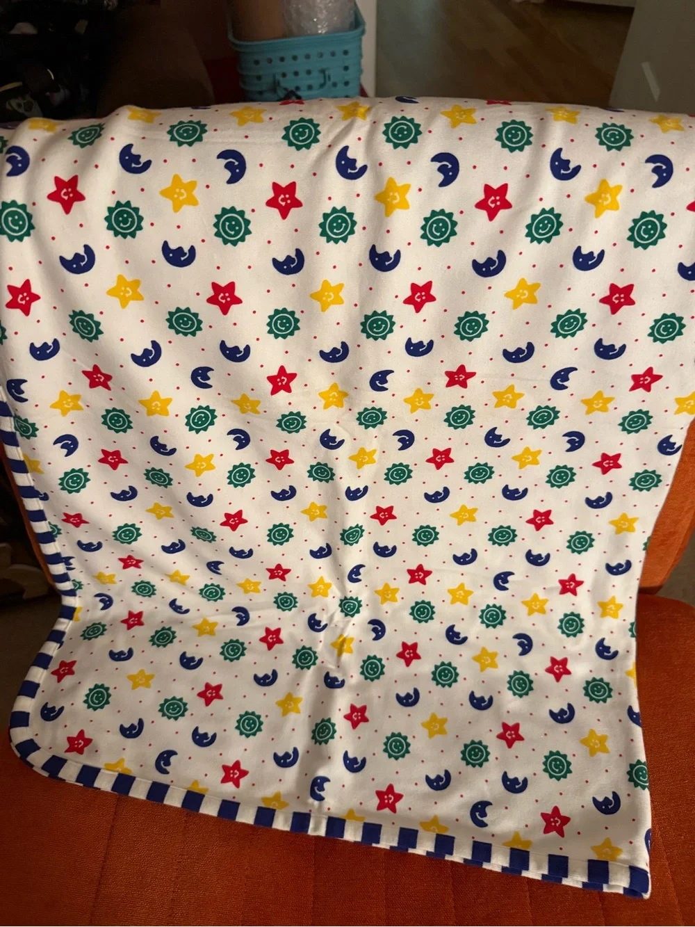 Vintage Gymboree - White Baby Blanket with Colorful Stars, Moons & Suns